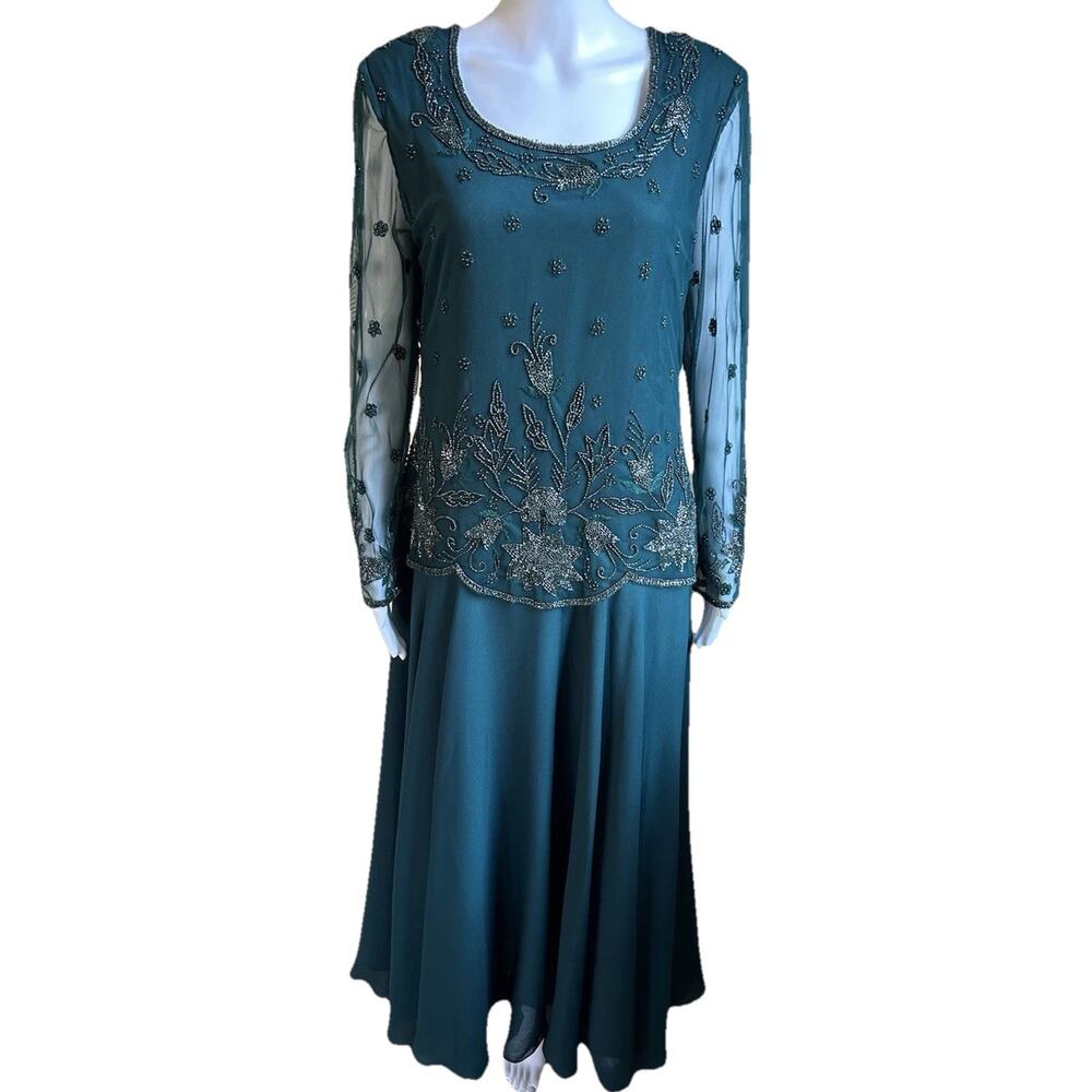 Vintage Scala Green Beaded Mother of Bride Formal Gown Dress Womens Large